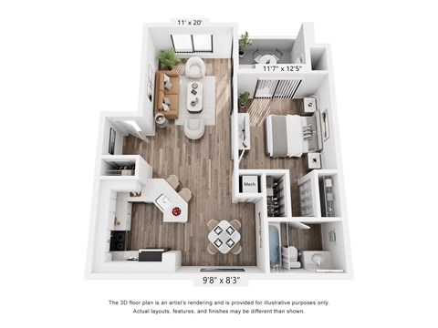 Floor plan for 1 bed, 1 bath, 779 sqft
